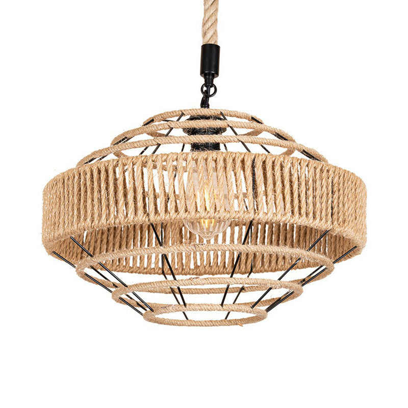 Rustic 1-Light Farmhouse Drop Pendant: Natural Rope Hanging Light Fixture (Brown)