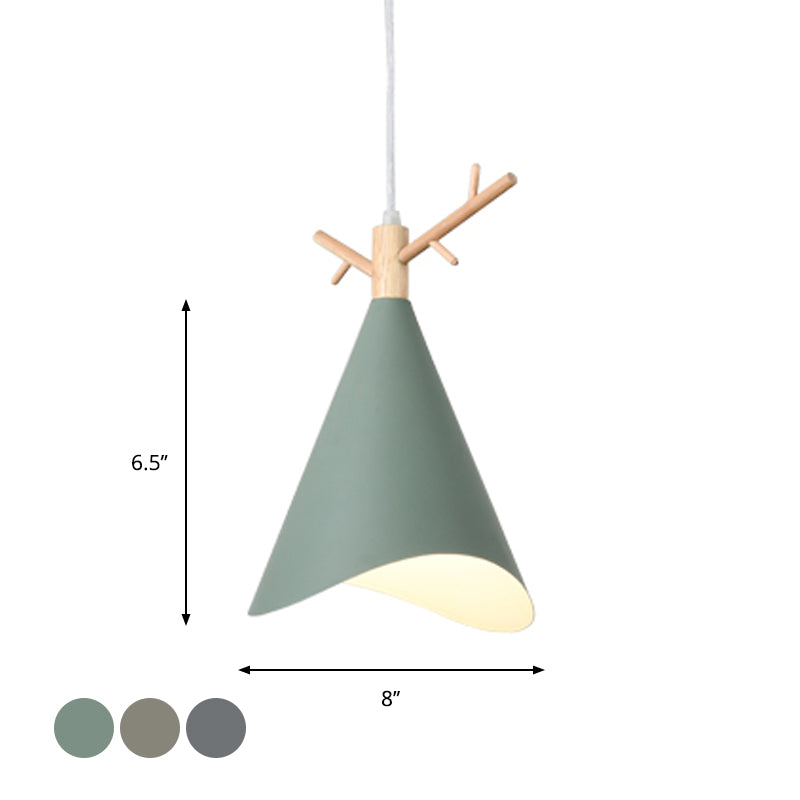 Iron Waveform-Edge Conic Ceiling Light - Nordic 1 Head Pendant (Green/Grey/White) With Wood Antler