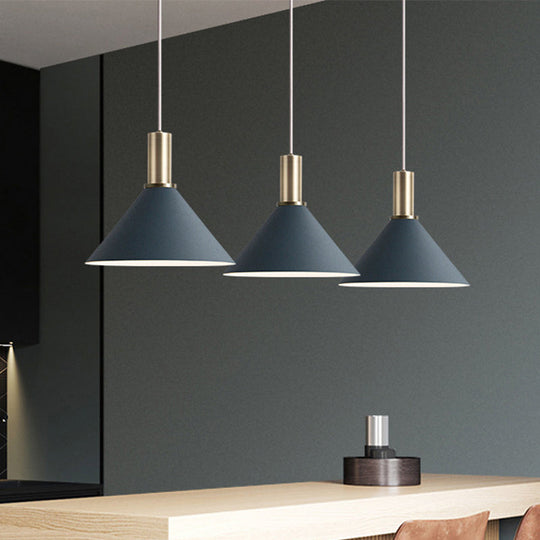 Nordic Dark Blue Cone Pendant Lamp Kit- 3 Bulb Multi-Light Hanging Fixture For Kitchen Bar / White