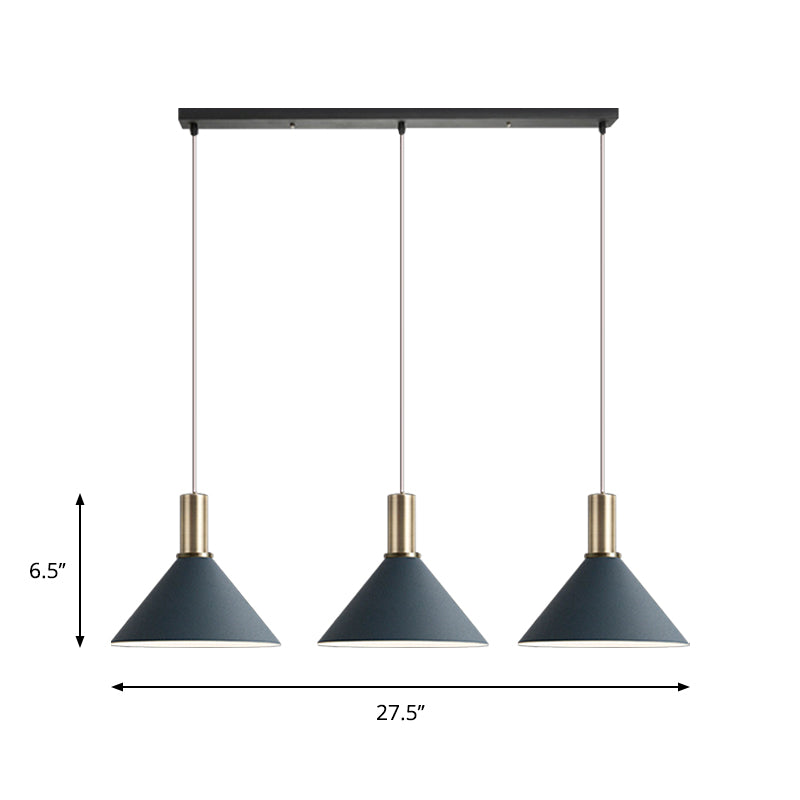 Nordic Dark Blue Cone Pendant Lamp Kit- 3 Bulb Multi-Light Hanging Fixture For Kitchen Bar