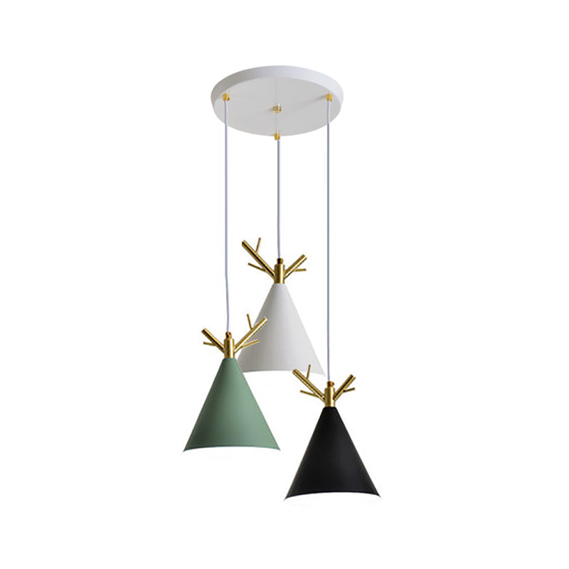 White Nordic Antler Pendant Light With 3 Metallic Conical Heads - Perfect For Dining Room