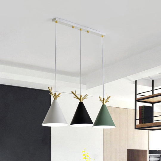 White Nordic Antler Pendant Light With 3 Metallic Conical Heads - Perfect For Dining Room