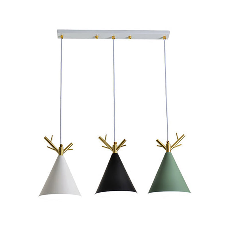 White Nordic Antler Pendant Light With 3 Metallic Conical Heads - Perfect For Dining Room