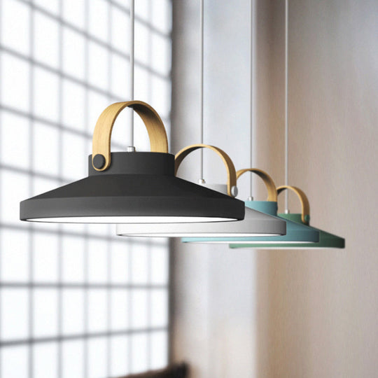 Wood-Handled Pot Lid Pendant Light In Green/Black/White - Nordic Iron Design With Led Suspension