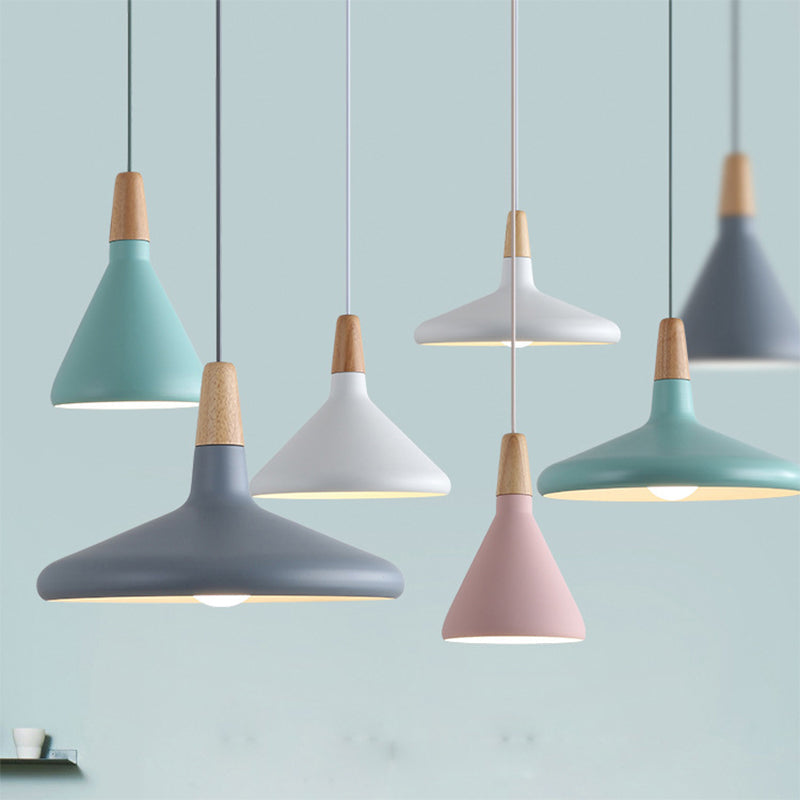 Serenity - Modern Grey/Pink/Green Cone Hanging Lamp Macaron 1 Bulb Aluminum Ceiling Pendant with Wood Top for Dining Room