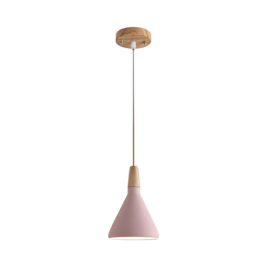 Serenity - Modern Grey/Pink/Green Cone Hanging Lamp Macaron 1 Bulb Aluminum Ceiling Pendant with Wood Top for Dining Room