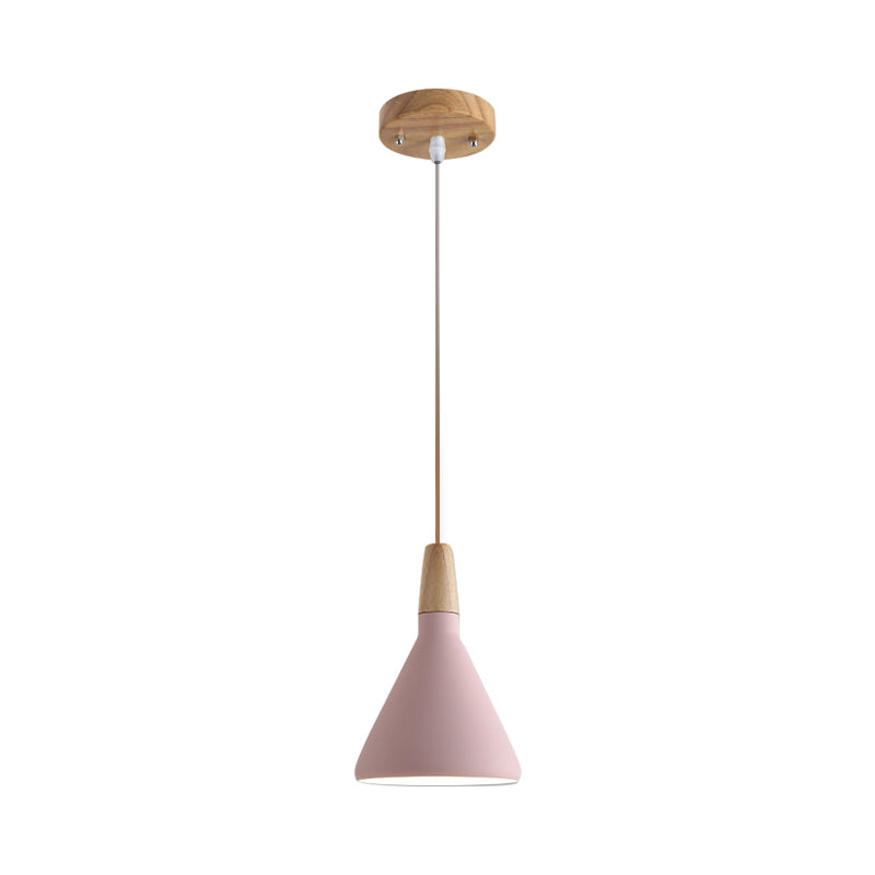 Cone Hanging Lamp Macaron 1 Bulb Aluminum Ceiling Pendant In Grey/Pink/Green With Wood Top - Ideal