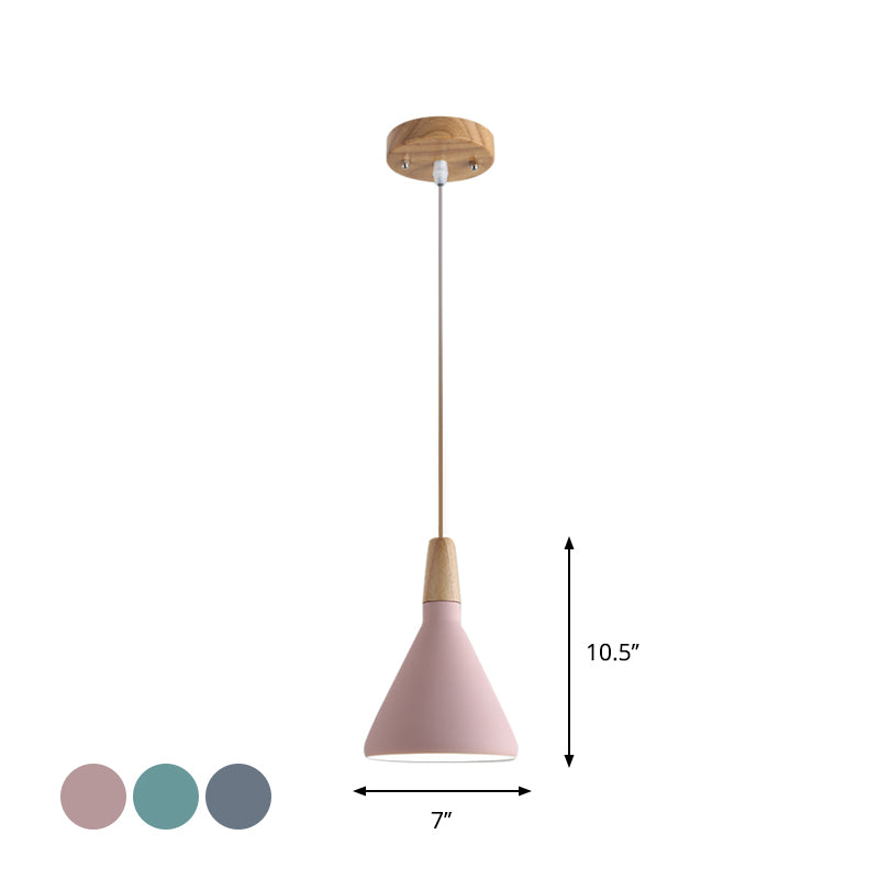 Serenity - Modern Grey/Pink/Green Cone Hanging Lamp Macaron 1 Bulb Aluminum Ceiling Pendant with Wood Top for Dining Room