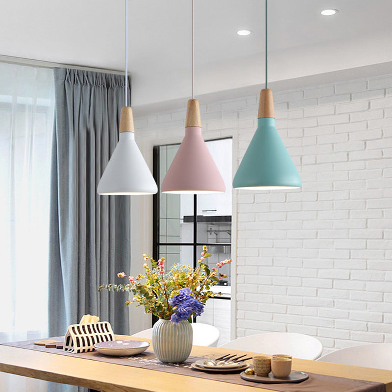 Serenity - Modern Grey/Pink/Green Cone Hanging Lamp Macaron 1 Bulb Aluminum Ceiling Pendant with Wood Top for Dining Room