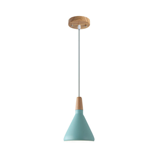 Serenity - Modern Grey/Pink/Green Cone Hanging Lamp Macaron 1 Bulb Aluminum Ceiling Pendant with Wood Top for Dining Room