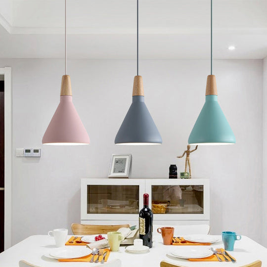 Serenity - Modern Grey/Pink/Green Cone Hanging Lamp Macaron 1 Bulb Aluminum Ceiling Pendant with Wood Top for Dining Room