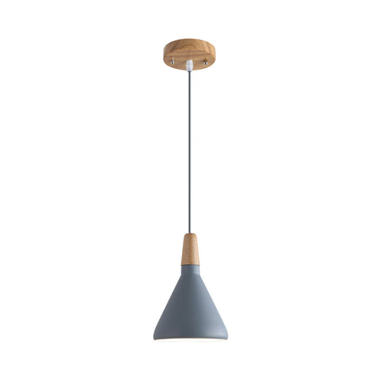 Serenity - Modern Grey/Pink/Green Cone Hanging Lamp Macaron 1 Bulb Aluminum Ceiling Pendant with Wood Top for Dining Room