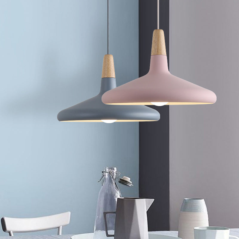 Serenity - Modern Grey/Pink/Green Cone Hanging Lamp Macaron 1 Bulb Aluminum Ceiling Pendant with Wood Top for Dining Room