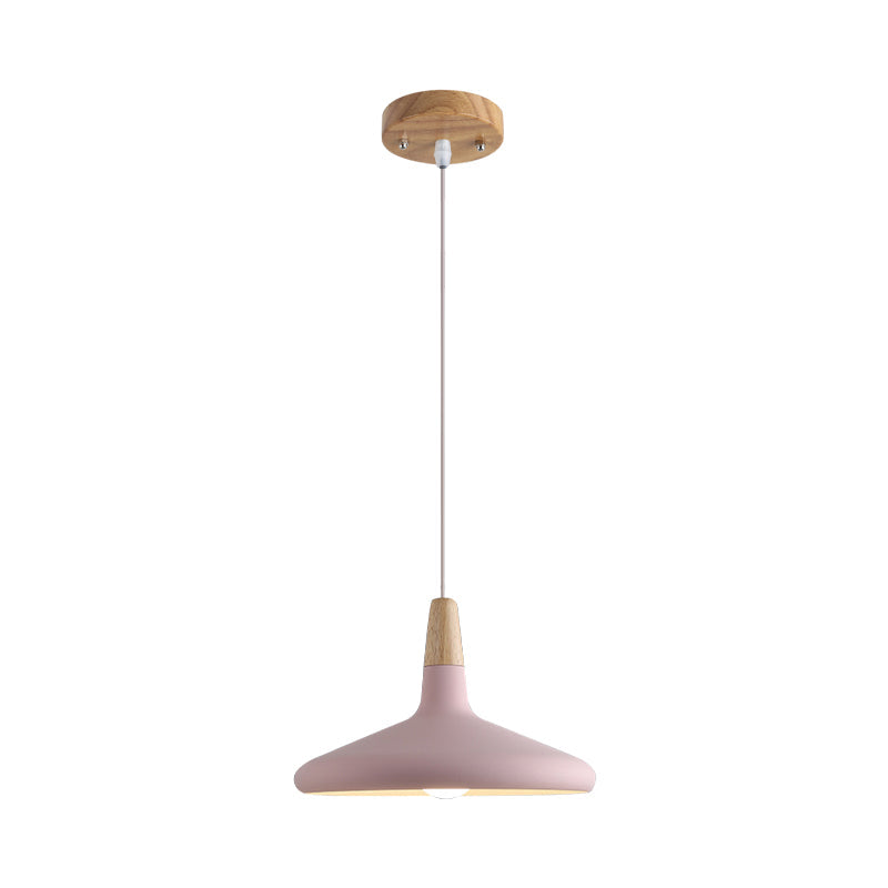 Serenity - Modern Grey/Pink/Green Cone Hanging Lamp Macaron 1 Bulb Aluminum Ceiling Pendant with Wood Top for Dining Room