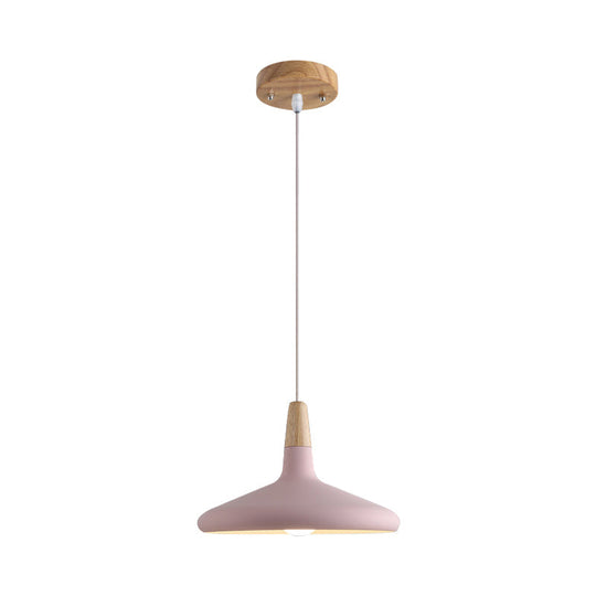 Cone Hanging Lamp Macaron 1 Bulb Aluminum Ceiling Pendant In Grey/Pink/Green With Wood Top - Ideal