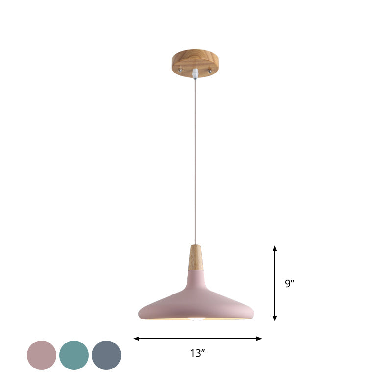 Cone Hanging Lamp Macaron 1 Bulb Aluminum Ceiling Pendant In Grey/Pink/Green With Wood Top - Ideal