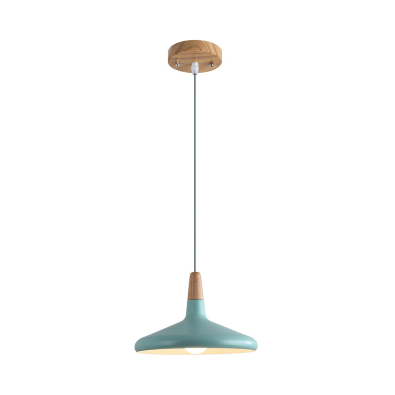 Serenity - Modern Grey/Pink/Green Cone Hanging Lamp Macaron 1 Bulb Aluminum Ceiling Pendant with Wood Top for Dining Room