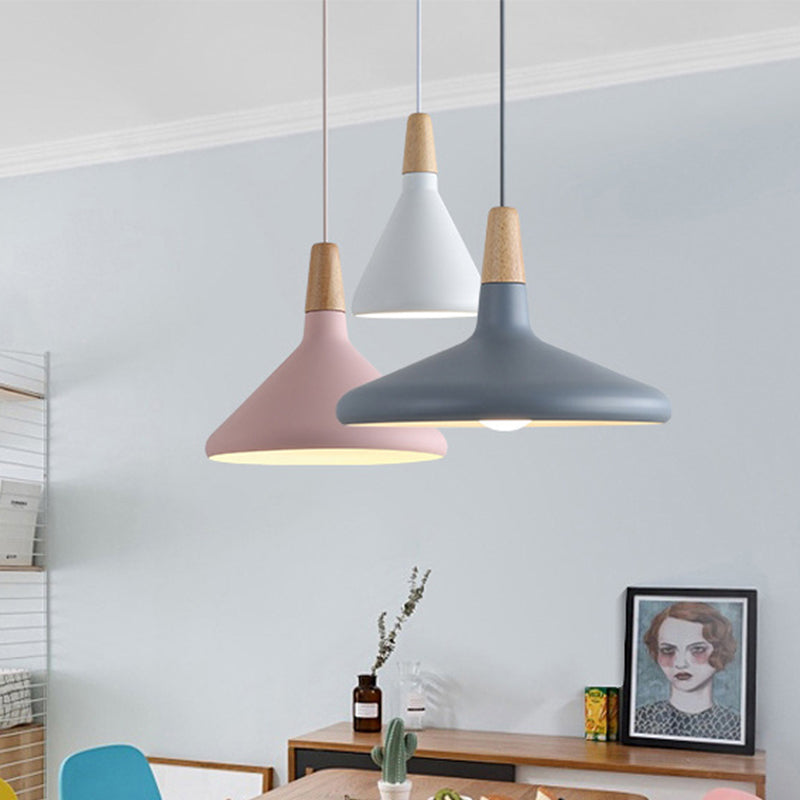 Cone Hanging Lamp Macaron 1 Bulb Aluminum Ceiling Pendant In Grey/Pink/Green With Wood Top - Ideal