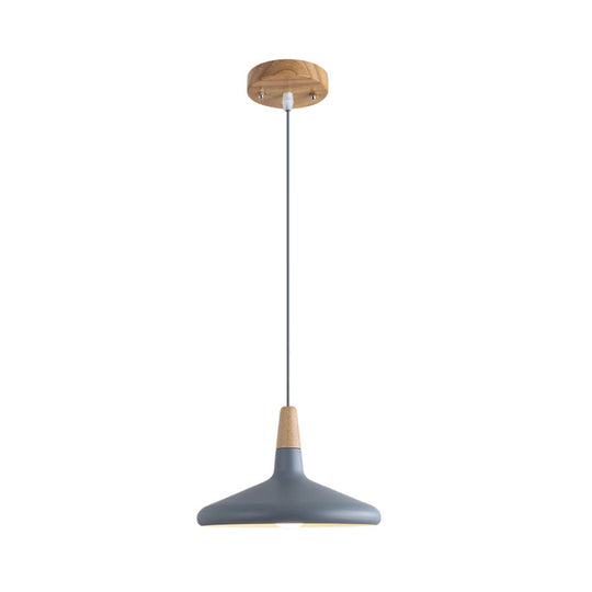 Serenity - Modern Grey/Pink/Green Cone Hanging Lamp Macaron 1 Bulb Aluminum Ceiling Pendant with Wood Top for Dining Room