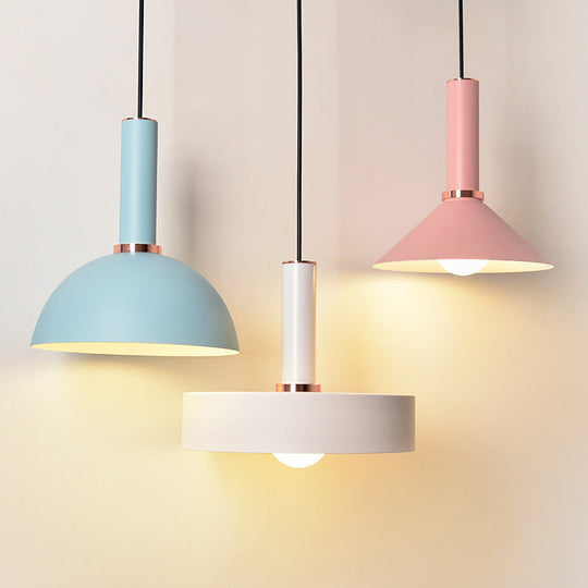 1-Light Pink/Blue Pendant Light With Aluminum Dome/Cone Drop Design Perfect For Restaurants