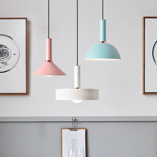 1-Light Pink/Blue Pendant Light With Aluminum Dome/Cone Drop Design Perfect For Restaurants