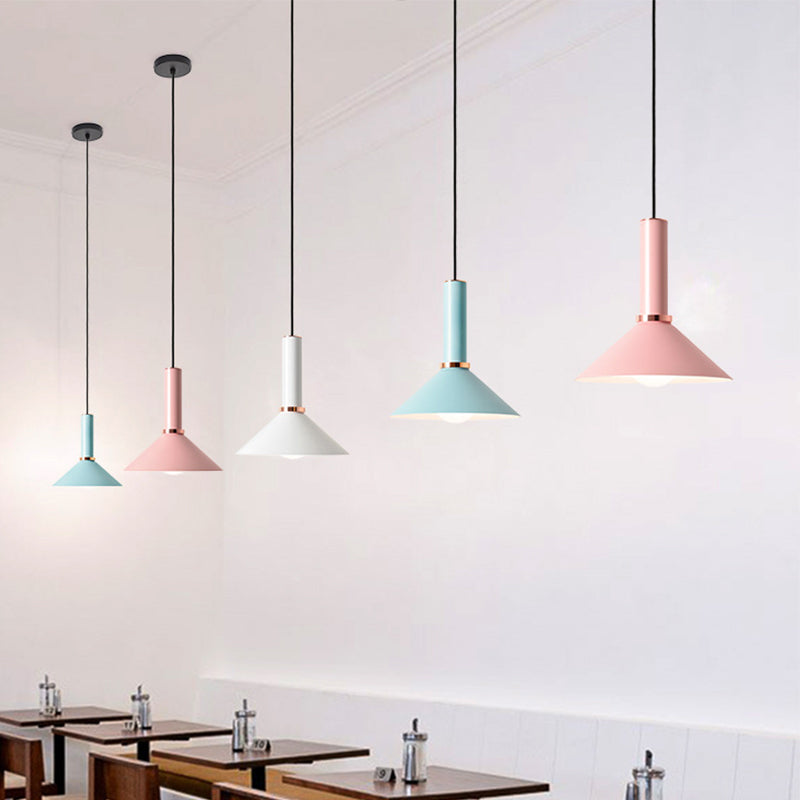 1-Light Pink/Blue Pendant Light With Aluminum Dome/Cone Drop Design Perfect For Restaurants