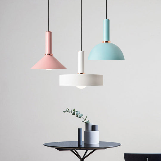 1-Light Pink/Blue Pendant Light With Aluminum Dome/Cone Drop Design Perfect For Restaurants