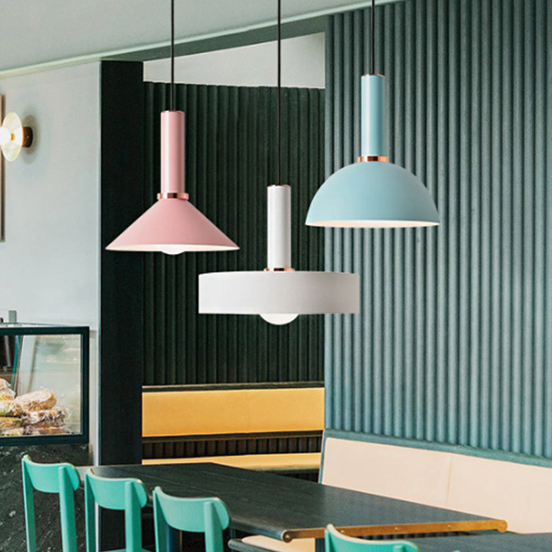 1-Light Pink/Blue Pendant Light With Aluminum Dome/Cone Drop Design Perfect For Restaurants