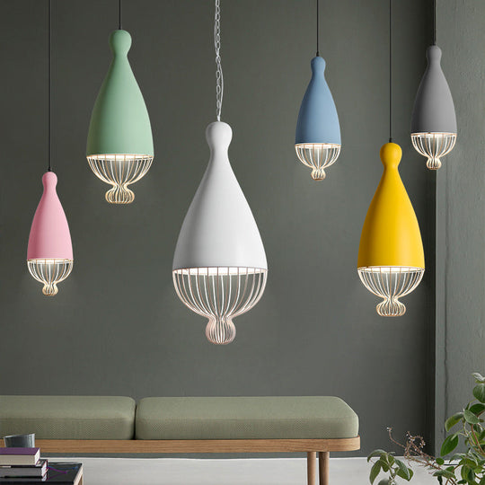 Macaron Inverted Balloon Pendant Light With Wire Cage And 1 Head In Grey/Pink/Blue