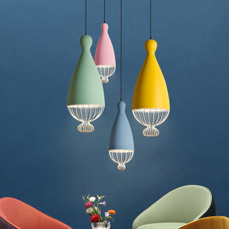 Macaron Inverted Balloon Pendant Light With Wire Cage And 1 Head In Grey/Pink/Blue