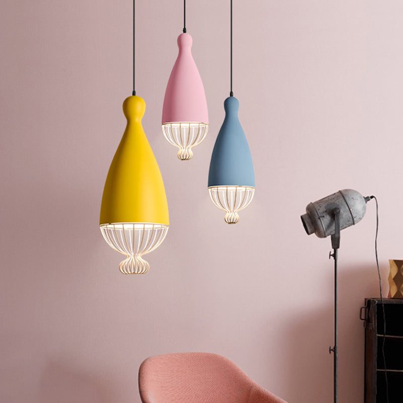 Macaron Inverted Balloon Pendant Light With Wire Cage And 1 Head In Grey/Pink/Blue