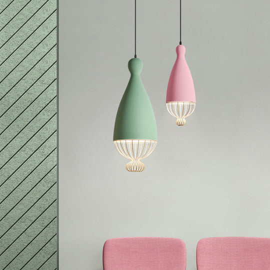 Macaron Inverted Balloon Pendant Light With Wire Cage And 1 Head In Grey/Pink/Blue