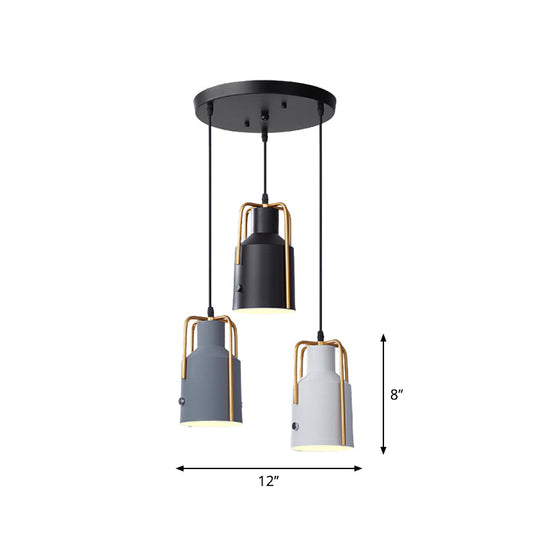 Nordic Metal 3-Head Hanging Lamp Kit: Cylinder Bottle And Bell - Black Suspended Pendant For Dining