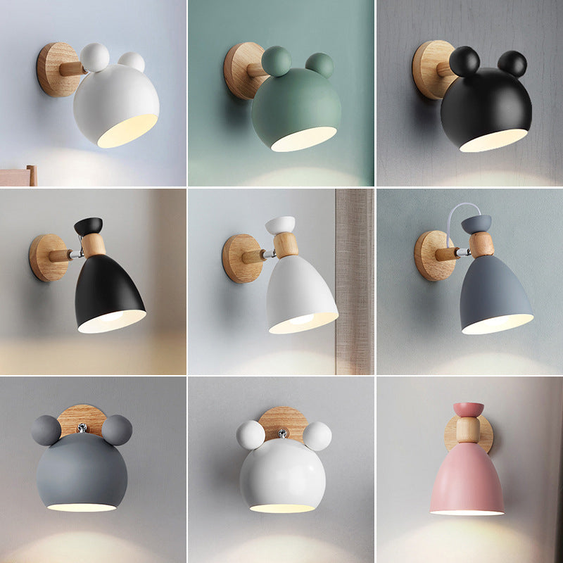 Rotating Wall Mounted Lamp: Bear/Bell Macaron Iron 1-Head Bedside Reading Light In White/Pink/Green