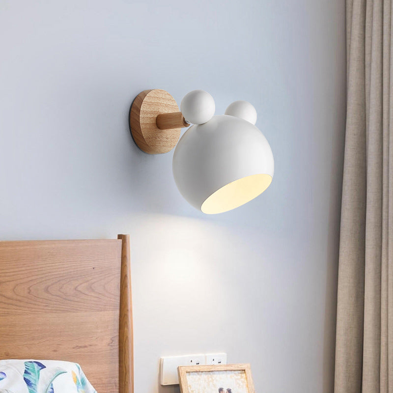 Rotating Wall Mounted Lamp: Bear/Bell Macaron Iron 1-Head Bedside Reading Light In White/Pink/Green