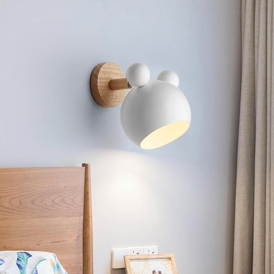 Rotating Wall Mounted Lamp: Bear/Bell Macaron Iron 1-Head Bedside Reading Light In White/Pink/Green