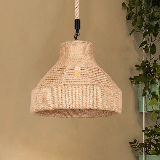 Rustic Rope Bell Hanging Lamp - Farmhouse 1 Bulb Restaurant Lighting Fixture (Brown)