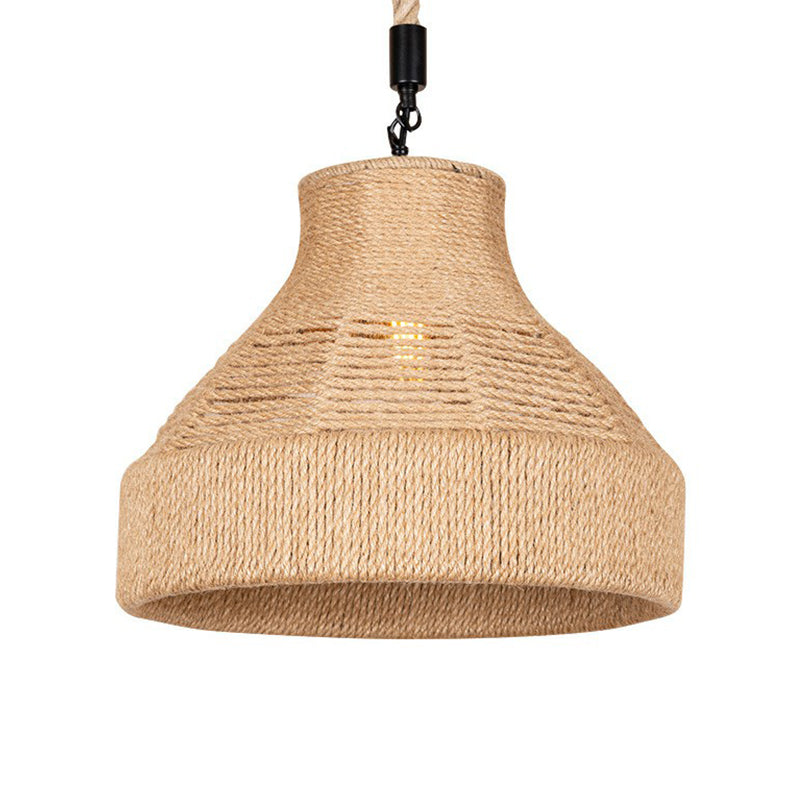 Rustic Rope Bell Hanging Lamp - Farmhouse 1 Bulb Restaurant Lighting Fixture (Brown)