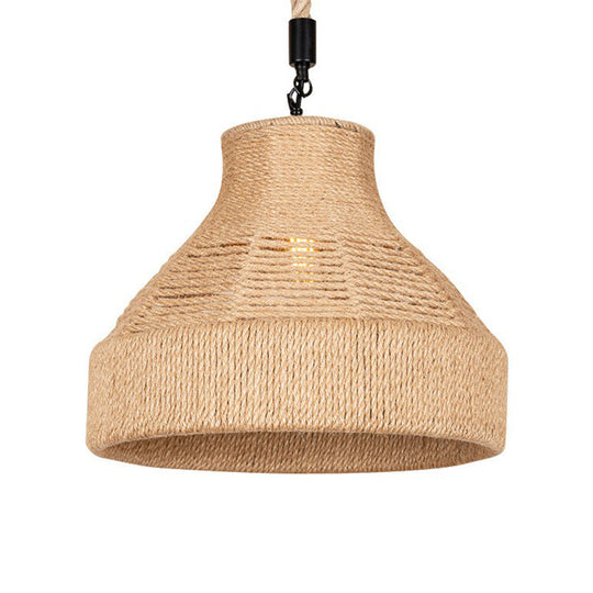 Rustic Rope Bell Hanging Lamp - Farmhouse 1 Bulb Restaurant Lighting Fixture (Brown)