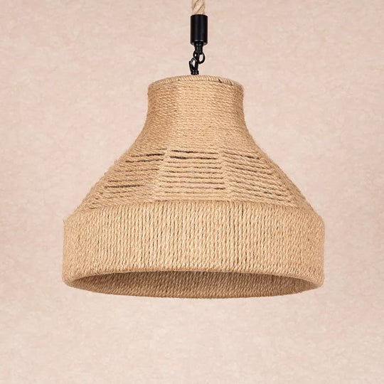 Rustic Rope Bell Hanging Lamp - Farmhouse 1 Bulb Restaurant Lighting Fixture (Brown)