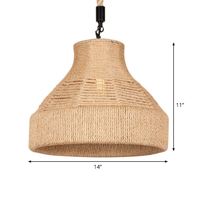 Rustic Rope Bell Hanging Lamp - Farmhouse 1 Bulb Restaurant Lighting Fixture (Brown)