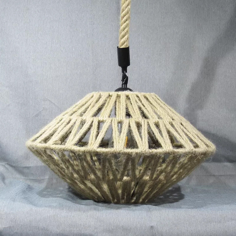 1-Light Rustic Brown Flying Saucer Pendant Lamp With Jute Rope Suspension