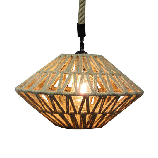 1-Light Rustic Brown Flying Saucer Pendant Lamp With Jute Rope Suspension