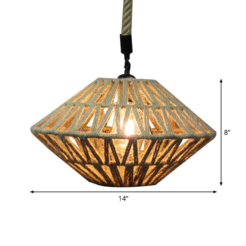 1-Light Rustic Brown Flying Saucer Pendant Lamp With Jute Rope Suspension