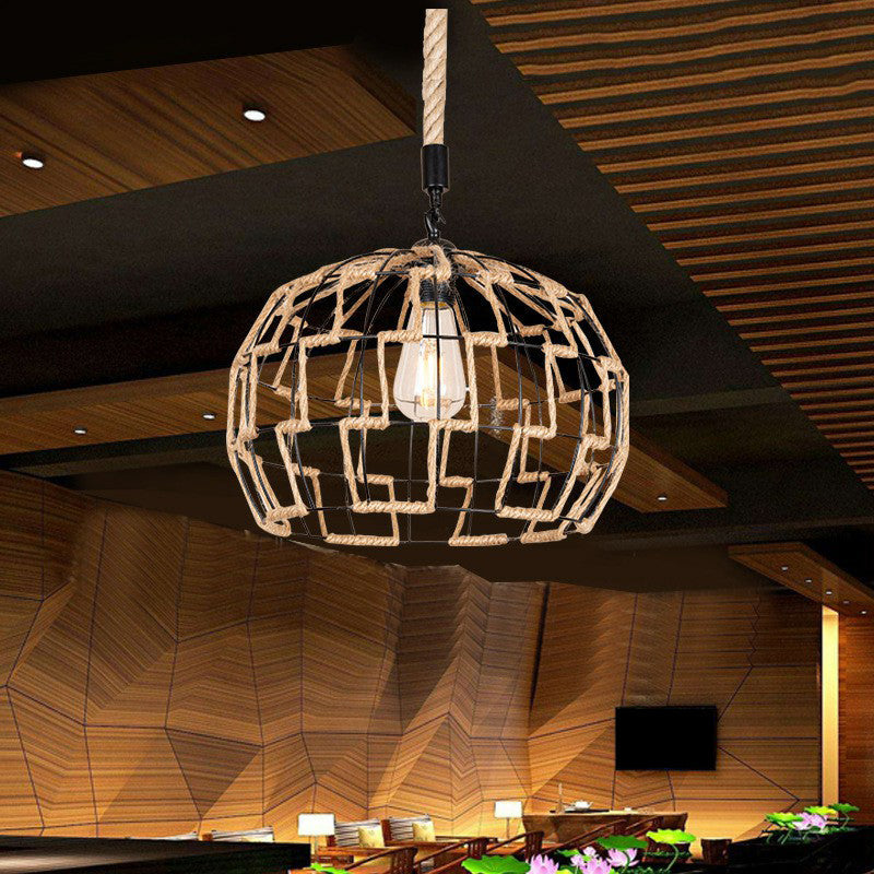 Rustic Brown Hanging Pendant Ceiling Light With Sphere Rope Wrapped Cage - Ideal For Rural