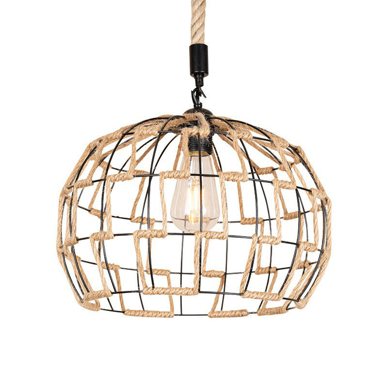 Rustic Brown Hanging Pendant Ceiling Light With Sphere Rope Wrapped Cage - Ideal For Rural