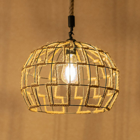 Rustic Brown Hanging Pendant Ceiling Light With Sphere Rope Wrapped Cage - Ideal For Rural