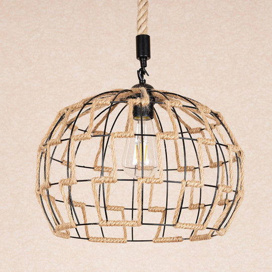 Rustic Brown Hanging Pendant Ceiling Light With Sphere Rope Wrapped Cage - Ideal For Rural