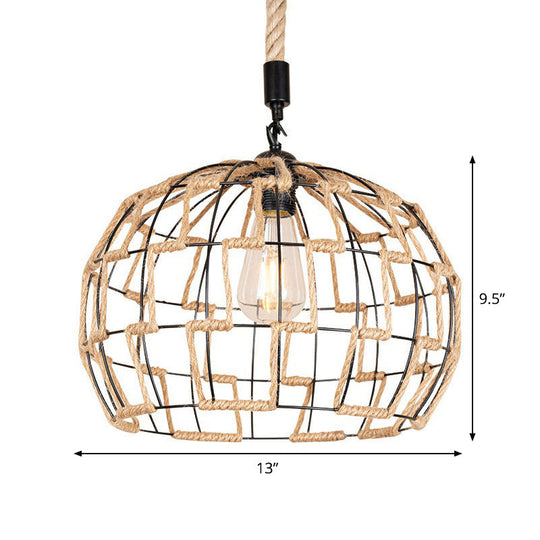 Rustic Brown Hanging Pendant Ceiling Light With Sphere Rope Wrapped Cage - Ideal For Rural