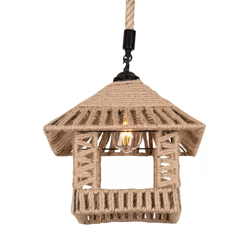 Country Hand-Woven Rope Single Hanging Pendant Light For Restaurants - Brown Pavilion Suspension